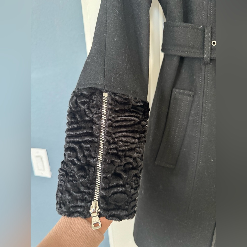 Guess Black Trench Coat with Faux Fur Accents - Picture 5 of 7